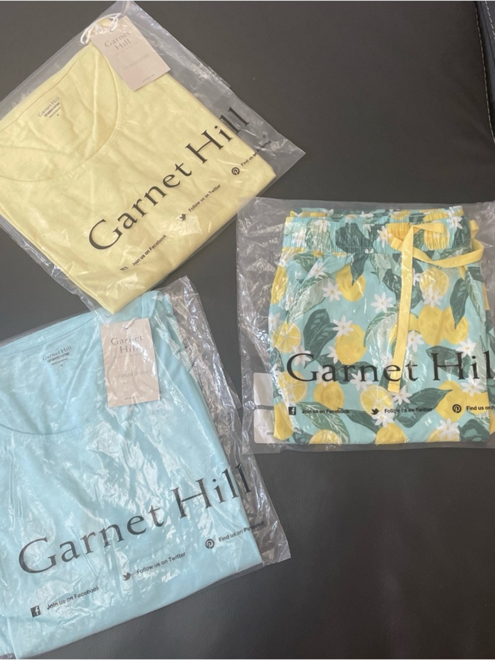 NEW Garnet Hill Pajamas Set: 2 Tops w LS Yellow & Aqua + 1 Pants Organic Cotton
